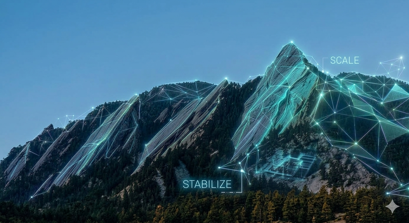 Aerial view of technology lines connecting Boulder's Flatirons